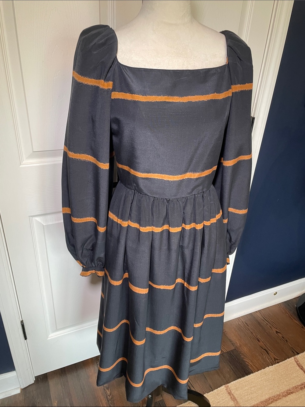Vintage Square Neck Puff Long Sleeve Midi Dress Black Ochre Stripe Size 6